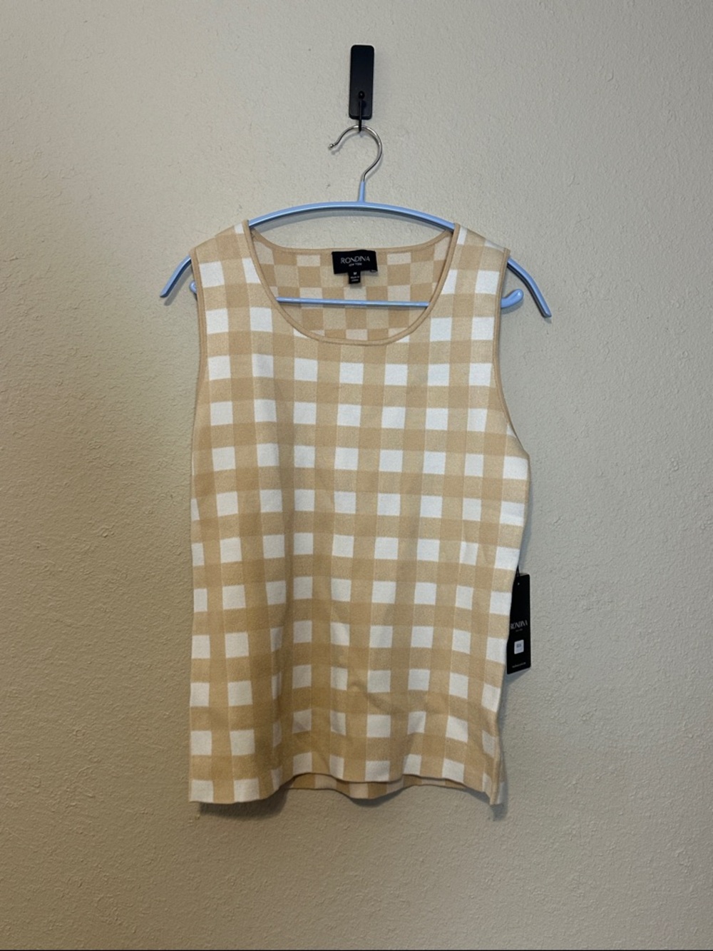Rondina Boxy Tan and White Gingham Tank Top Silk Blend Size Medium NWT